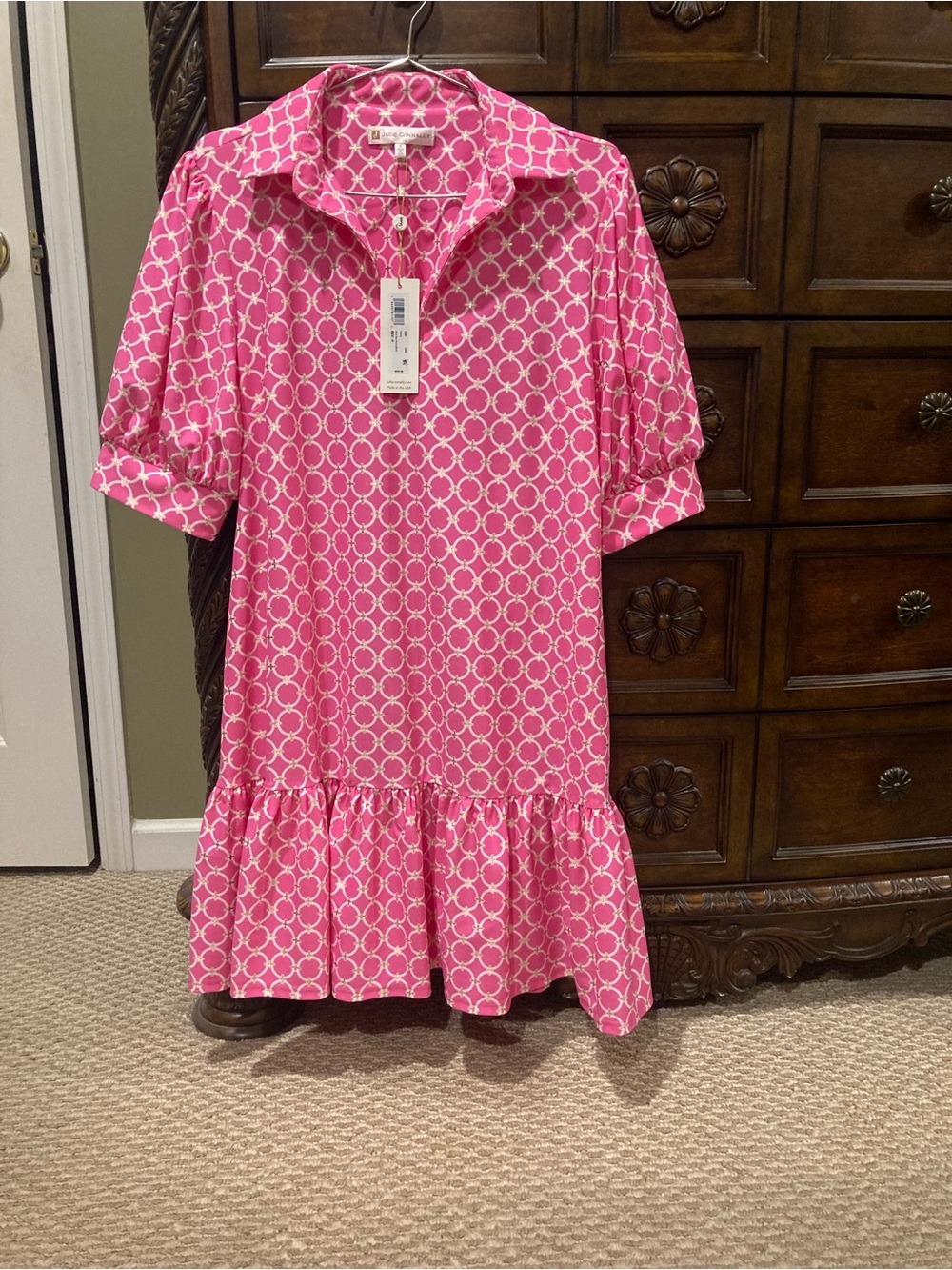 Pink Geometric Ruffle Hem Dress